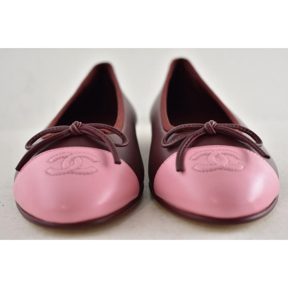 Chanel 26S Burgundy Red Pink Lambskin Leather CC Logo Ballet Ballerina Flat 37.5 - Picture 10 of 16